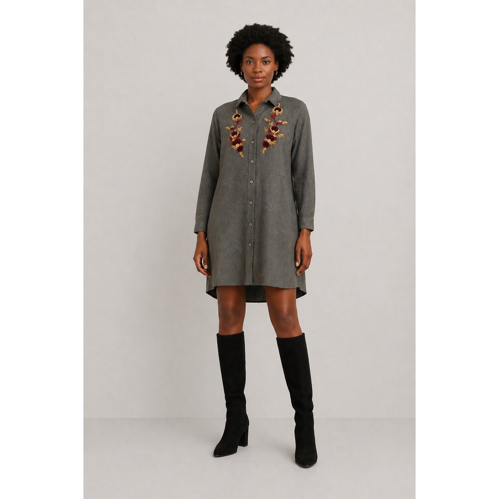 Zara‎ Basic Gray Floral Embroidered Button Down Shirt Dress Size S Long Sleeve